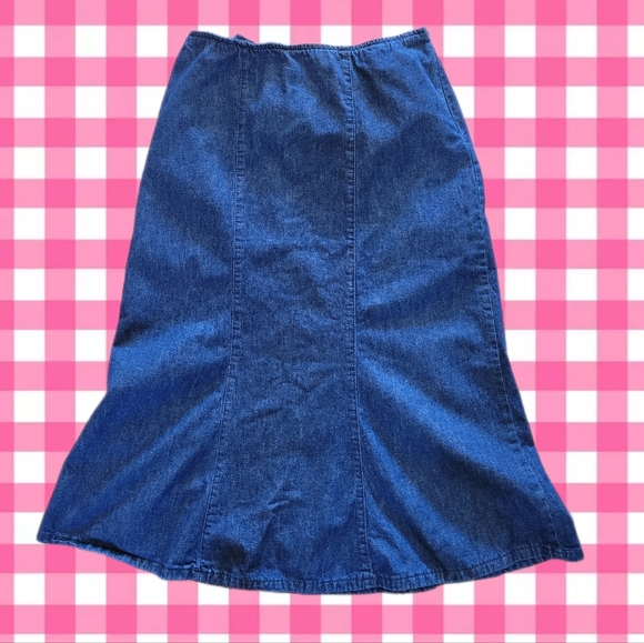 Vintage 90s dark wash denim high rise midi jean skirt Simon Chang 10 - Picture 1 of 7